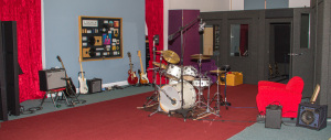 Garden Street Academy Recording Studio Main Room with DW Drum Kit, Guitars, and Amps
